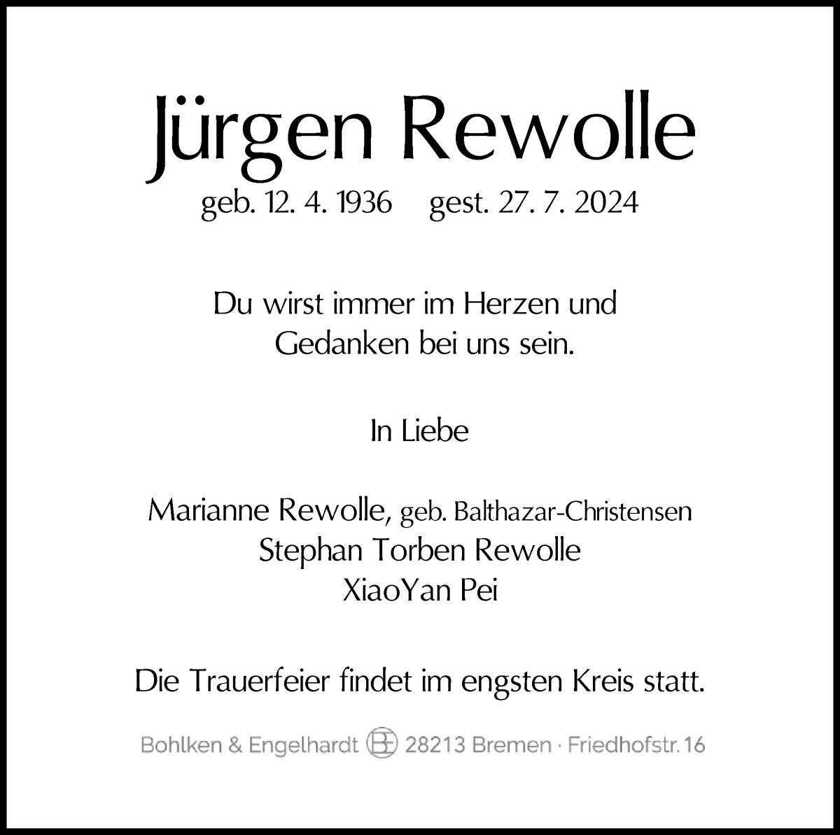 Traueranzeige von Jürgen Rewolle von WESER-KURIER