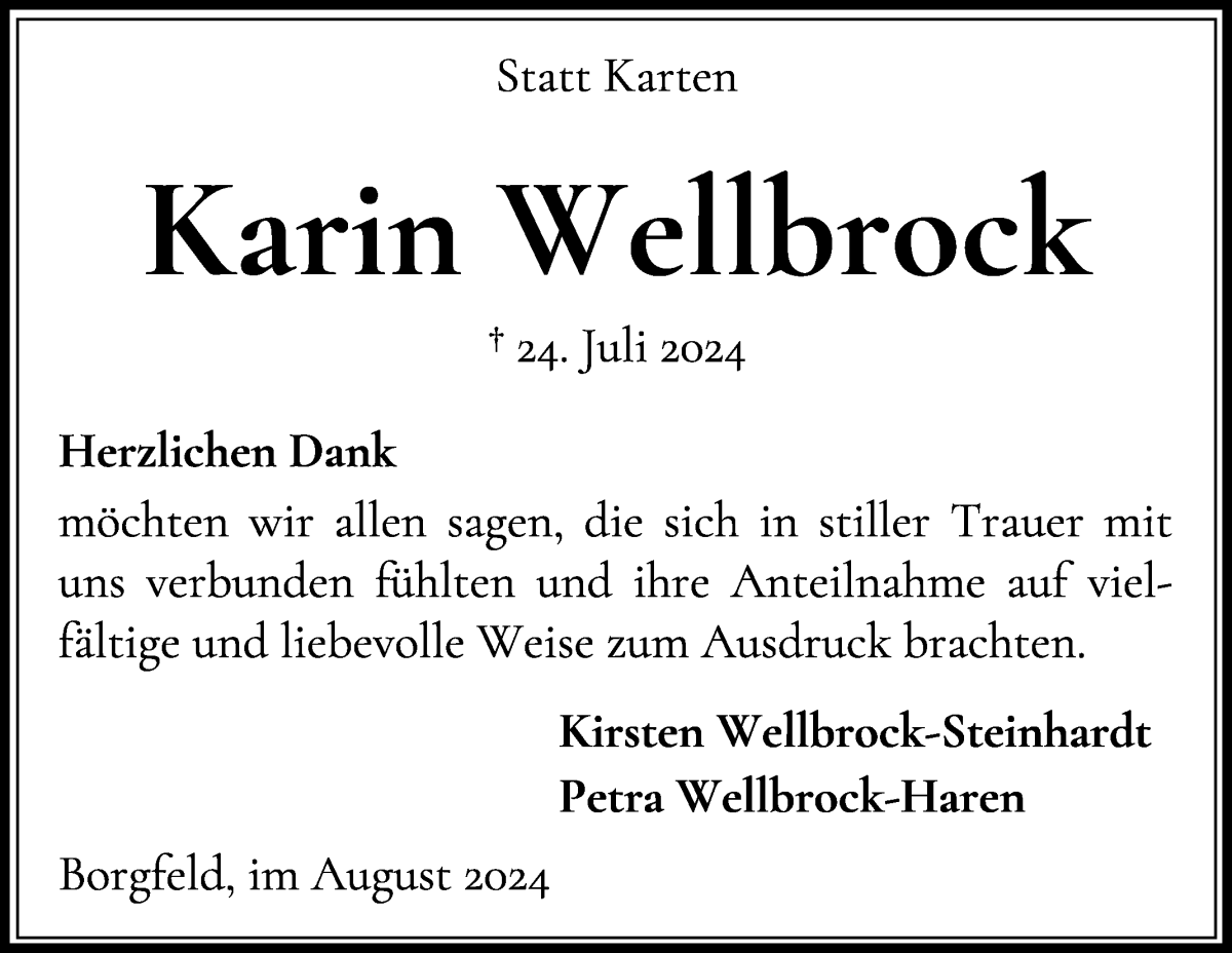 Traueranzeige von Karin Wellbrock von Wuemme Zeitung
