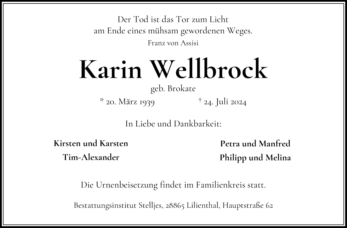 Traueranzeige von Karin Wellbrock von Wuemme Zeitung