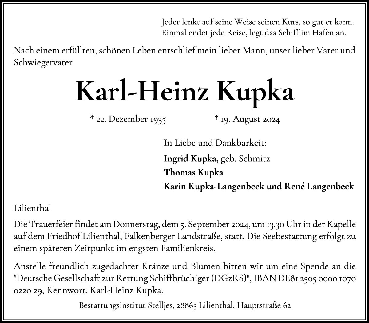 Traueranzeige von Karl-Heinz Kupka von Wuemme Zeitung