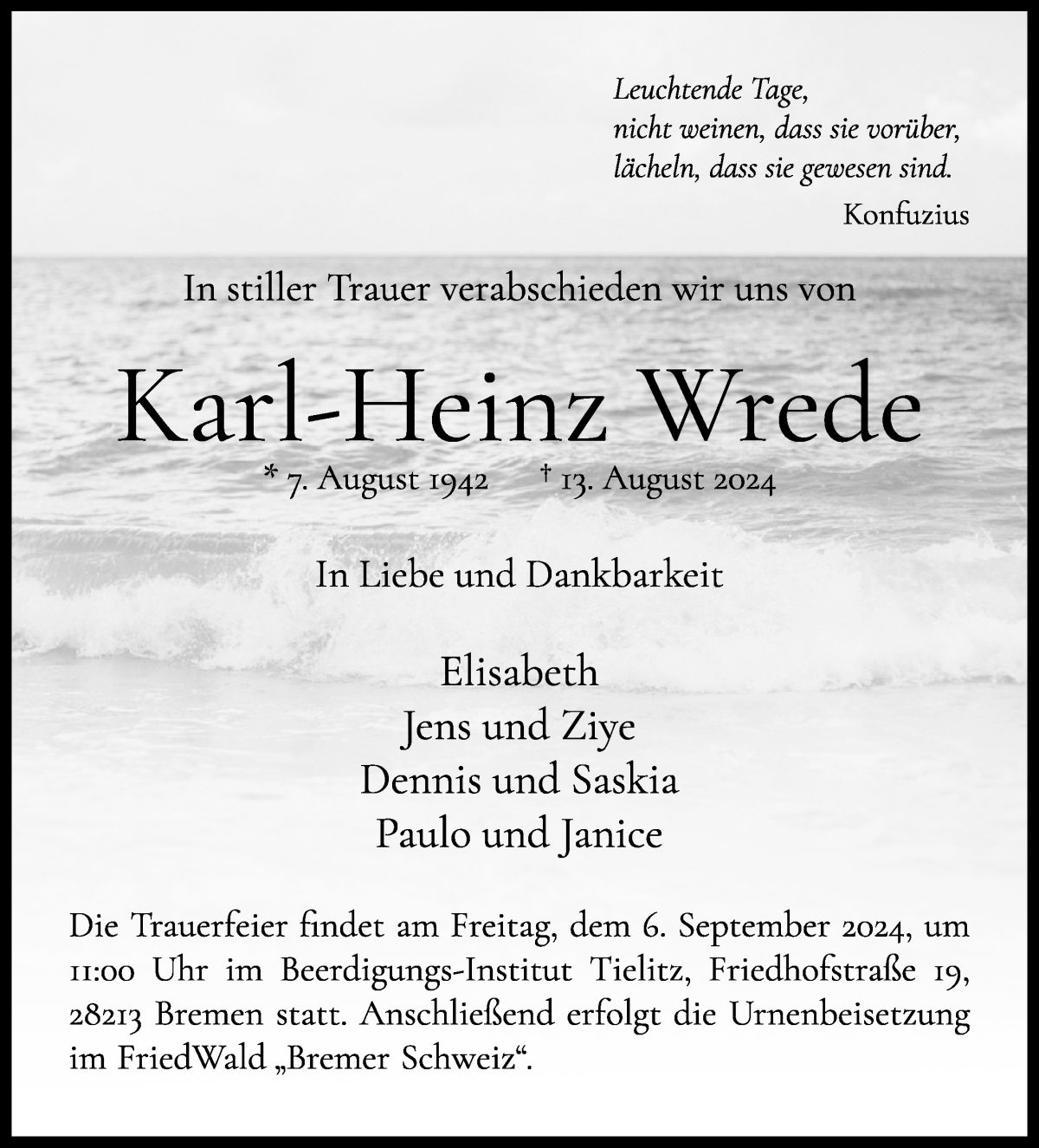 Traueranzeige von Karl-Heinz Wrede von WESER-KURIER