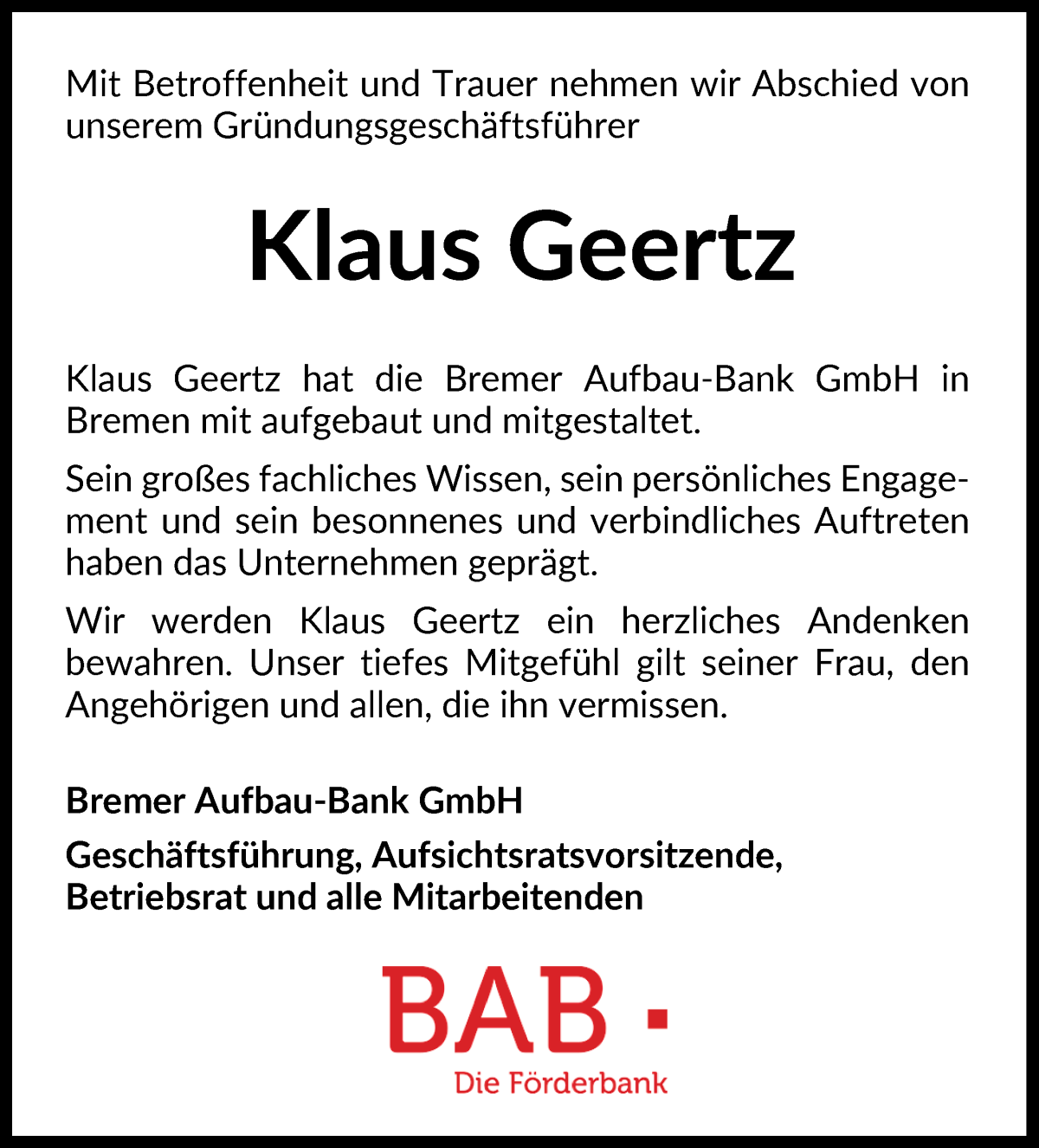 Traueranzeige von Klaus Geertz von WESER-KURIER