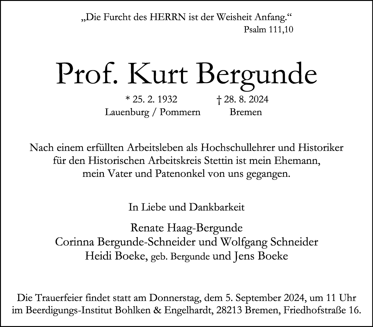 Traueranzeige von Kurt Bergunde von WESER-KURIER