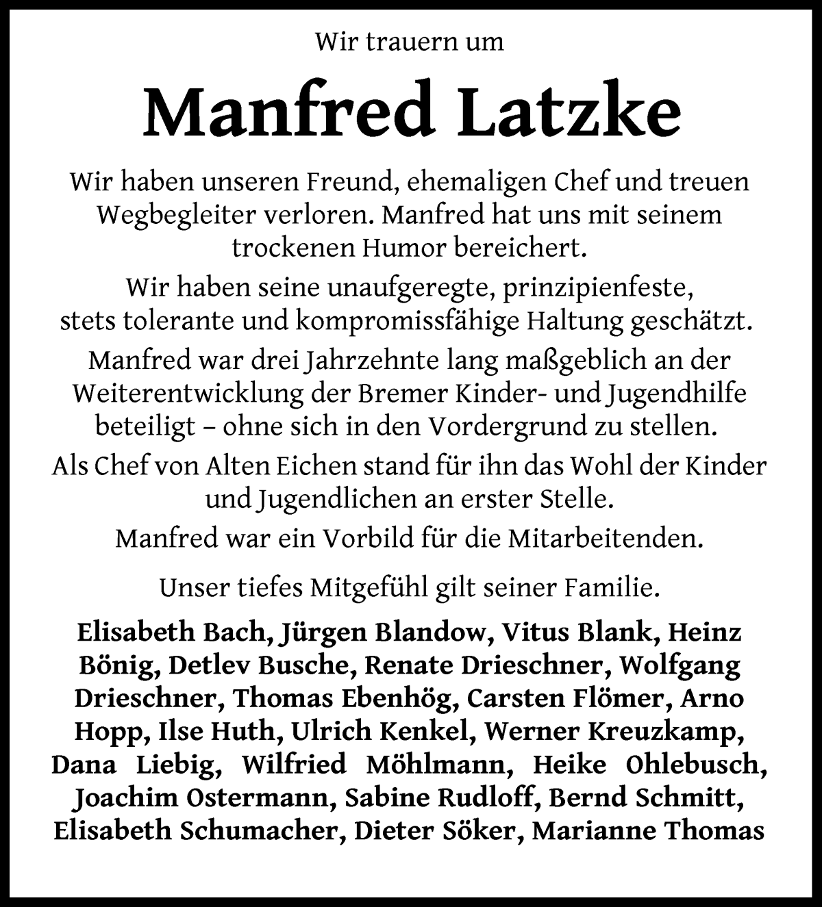 Traueranzeige von Manfred Latzke von WESER-KURIER