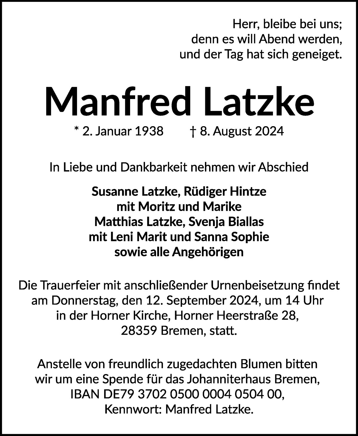 Traueranzeige von Manfred Latzke von WESER-KURIER