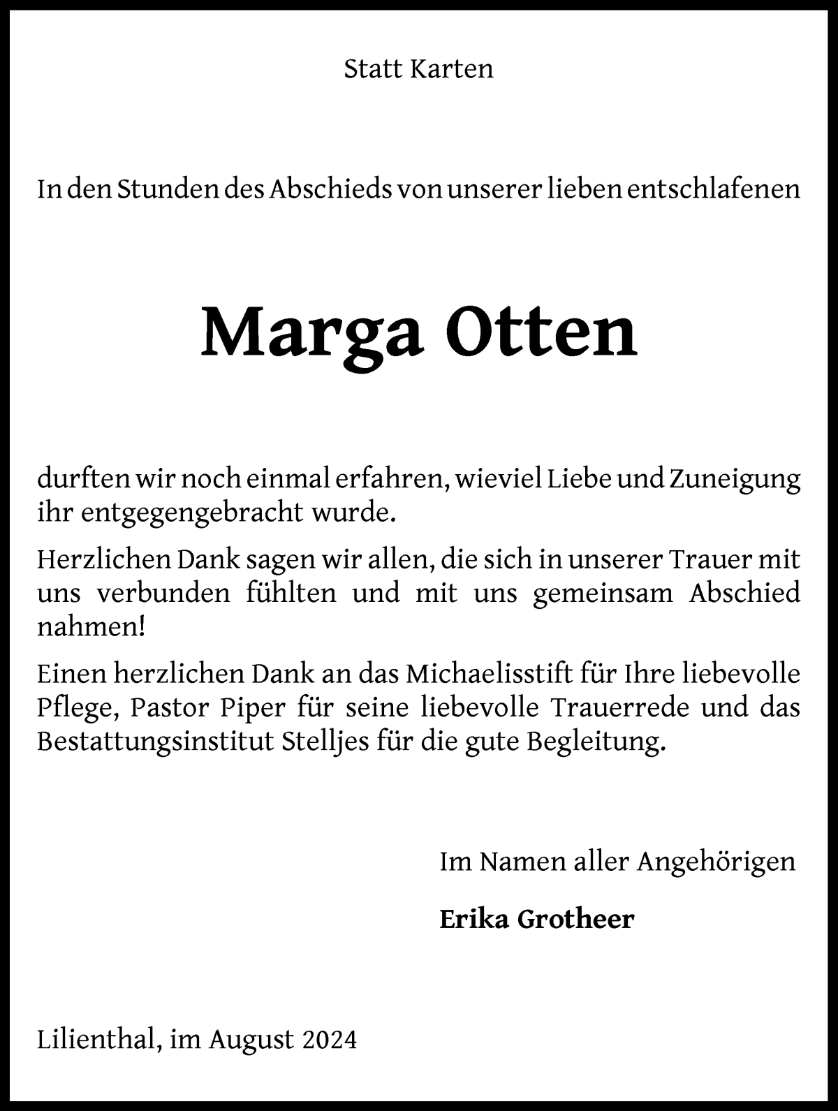 Traueranzeige von Marga Otten von Wuemme Zeitung