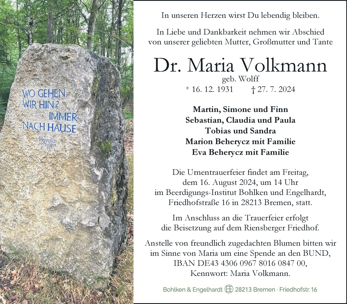 Traueranzeige von Maria Volkmann von WESER-KURIER