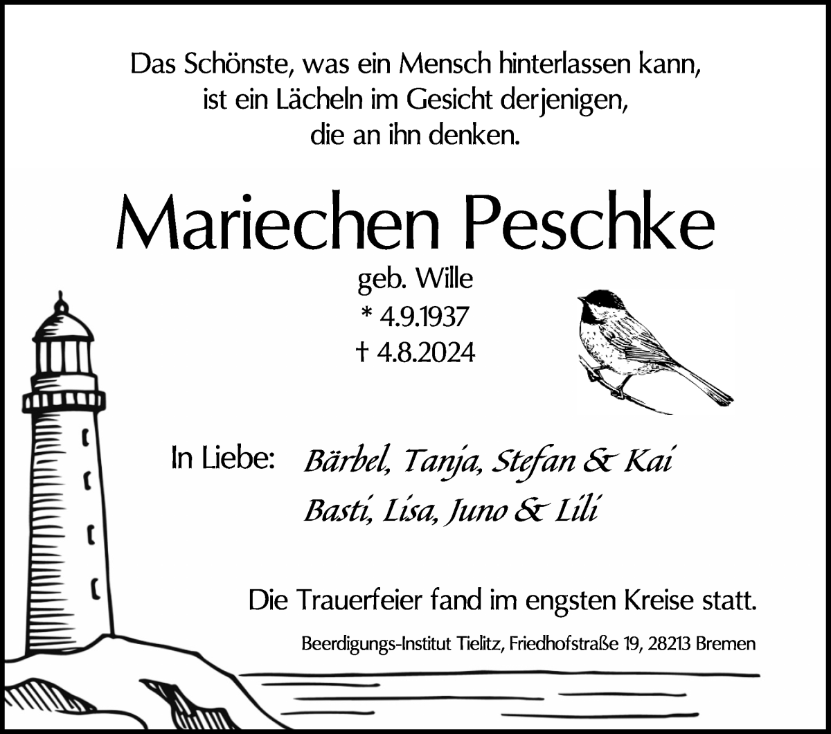 Traueranzeige von Mariechen Peschke von WESER-KURIER