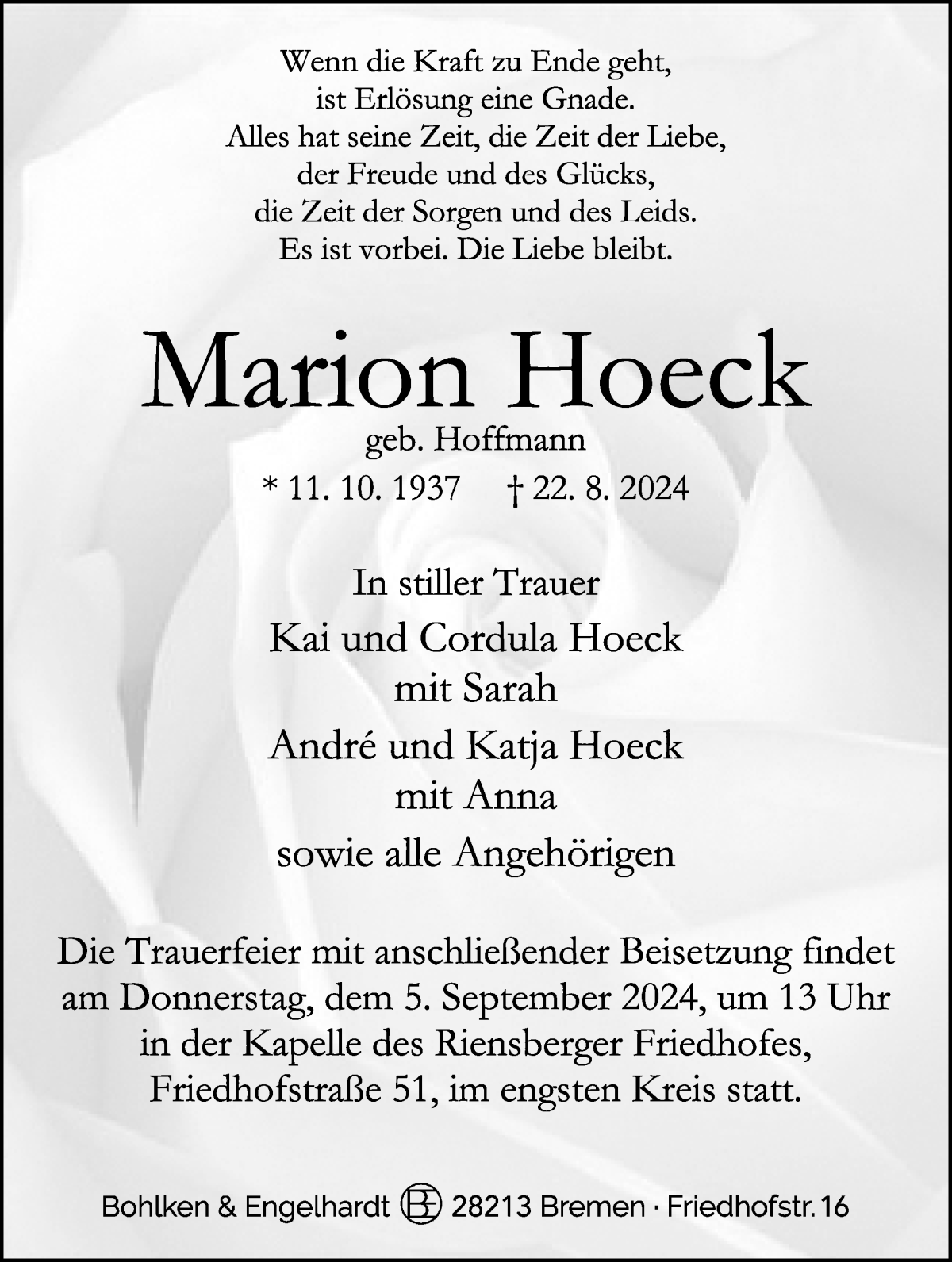 Traueranzeige von Marion Hoeck von WESER-KURIER