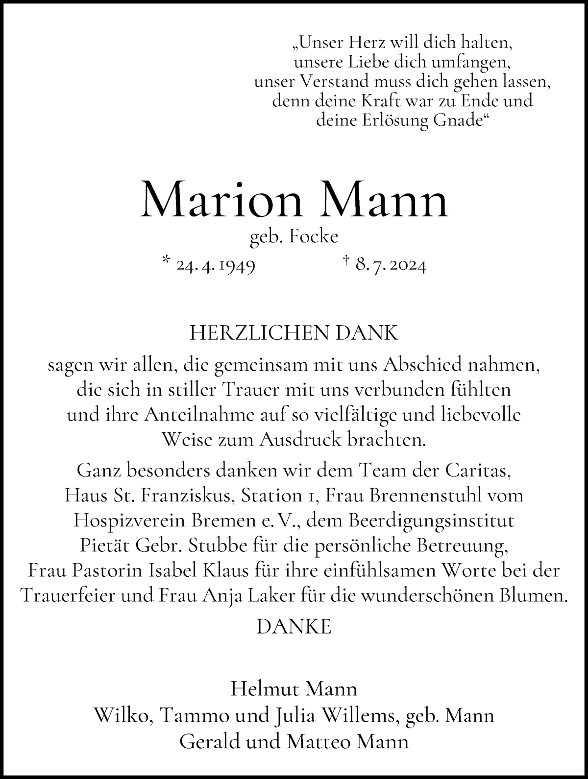 Traueranzeige von Marion Mann von WESER-KURIER