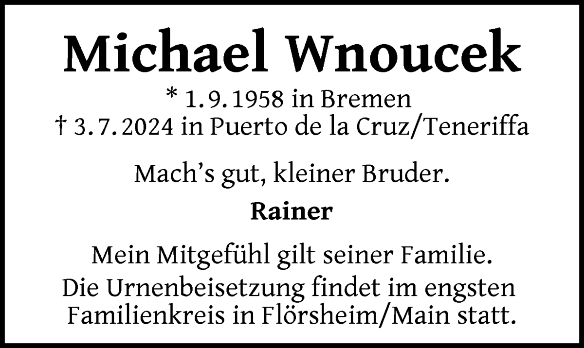 Traueranzeige von Michael Wnoucek von WESER-KURIER