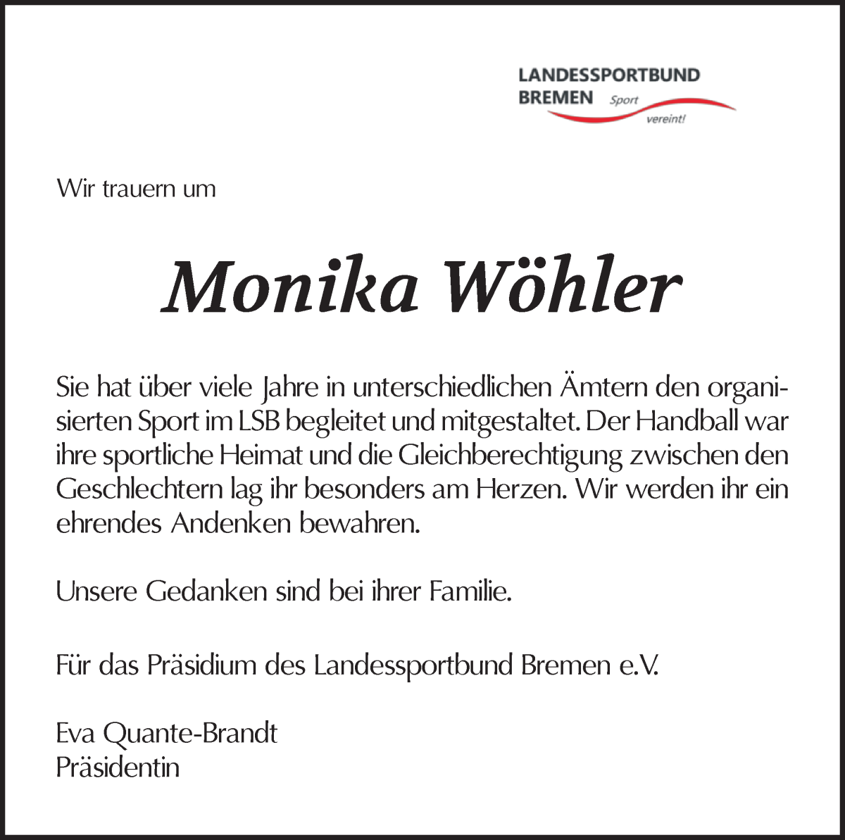 Traueranzeige von Monika Wöhler von WESER-KURIER