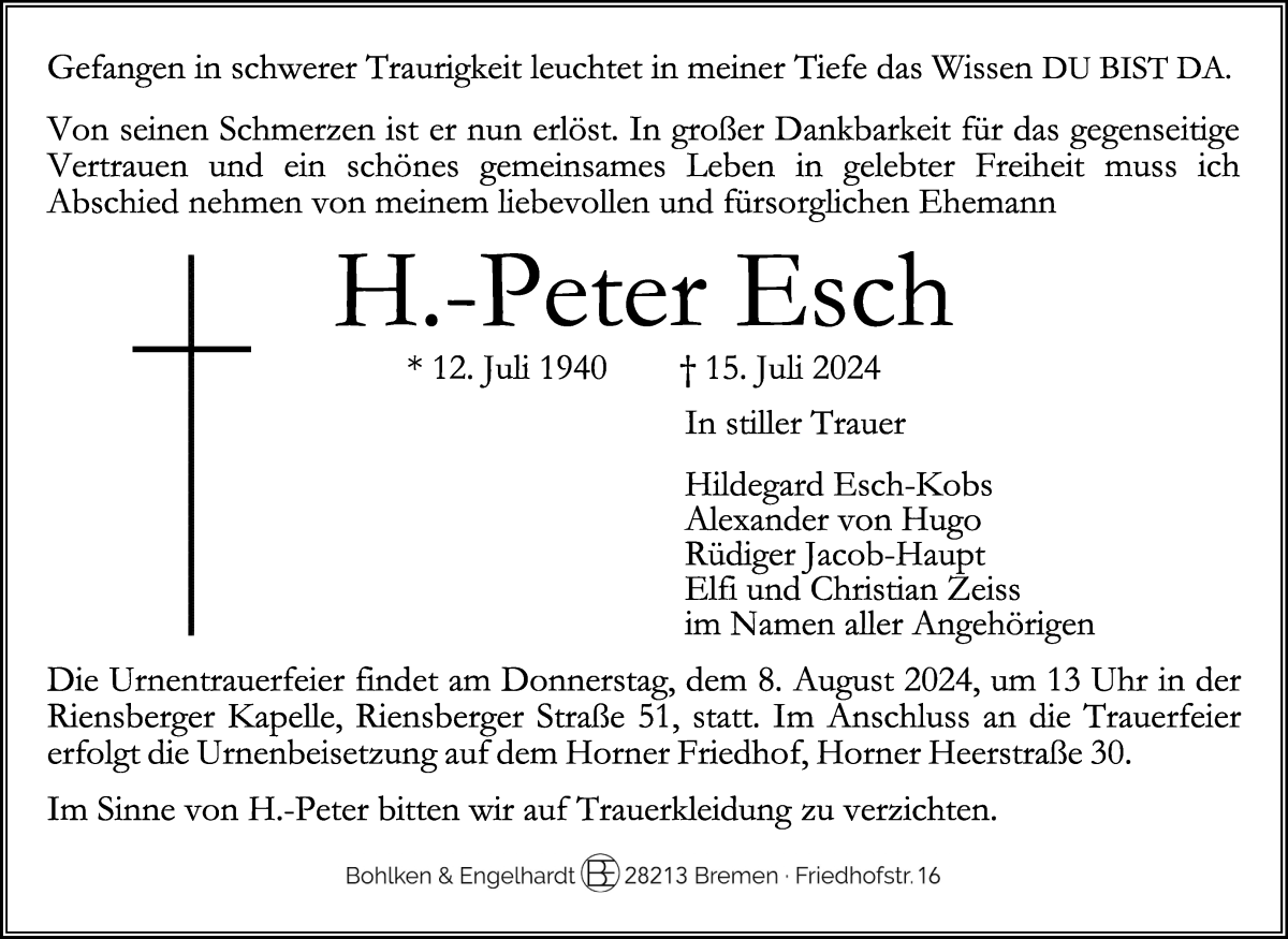 Traueranzeige von Peter Esch von WESER-KURIER