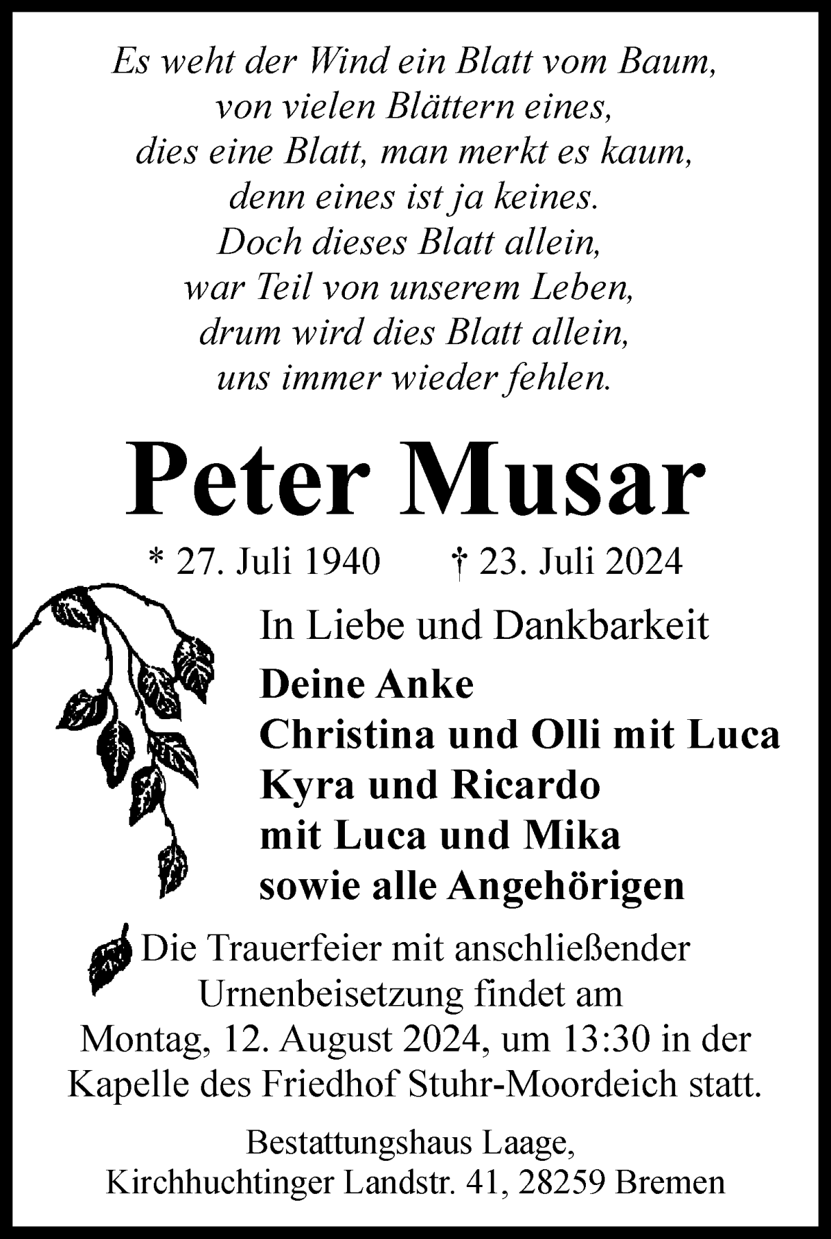 Traueranzeige von Peter Musar von WESER-KURIER