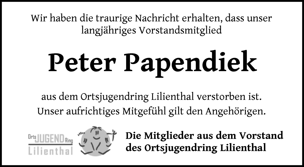 Traueranzeige von Peter Papendiek von Wuemme Zeitung