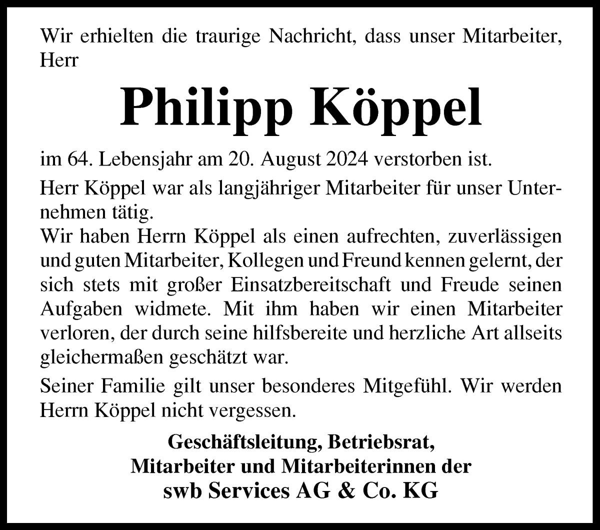 Traueranzeige von Philipp Köppel von WESER-KURIER
