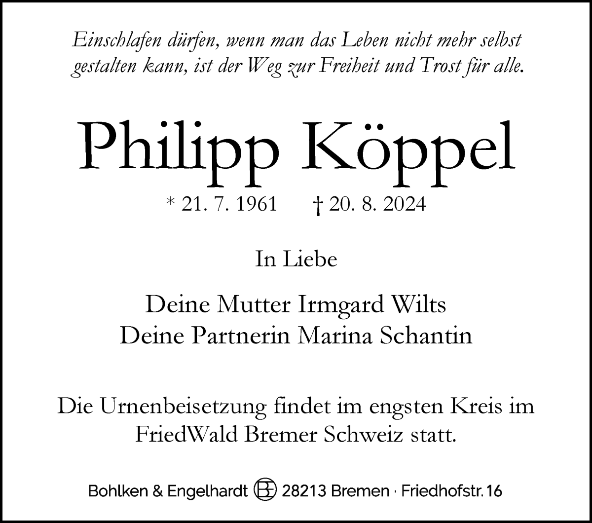 Traueranzeige von Philipp Köppel von WESER-KURIER