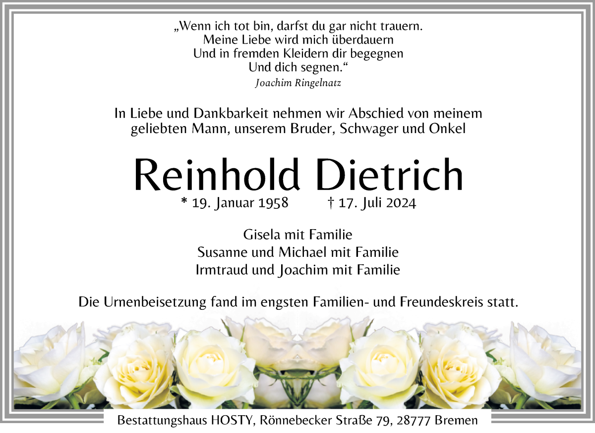 Traueranzeige von Reinhold Dietrich von Die Norddeutsche
