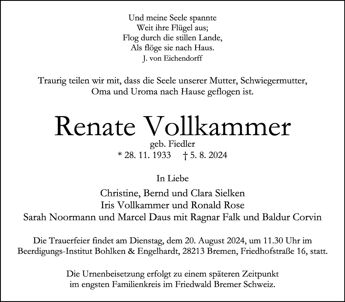 Traueranzeige von Renate Vollkammer von WESER-KURIER