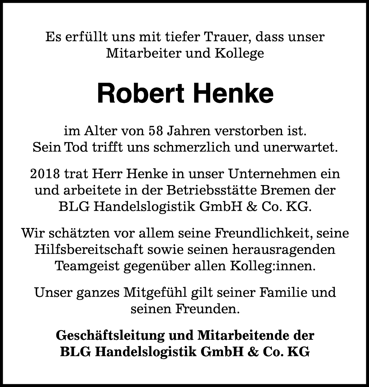 Traueranzeige von Robert Henke von WESER-KURIER
