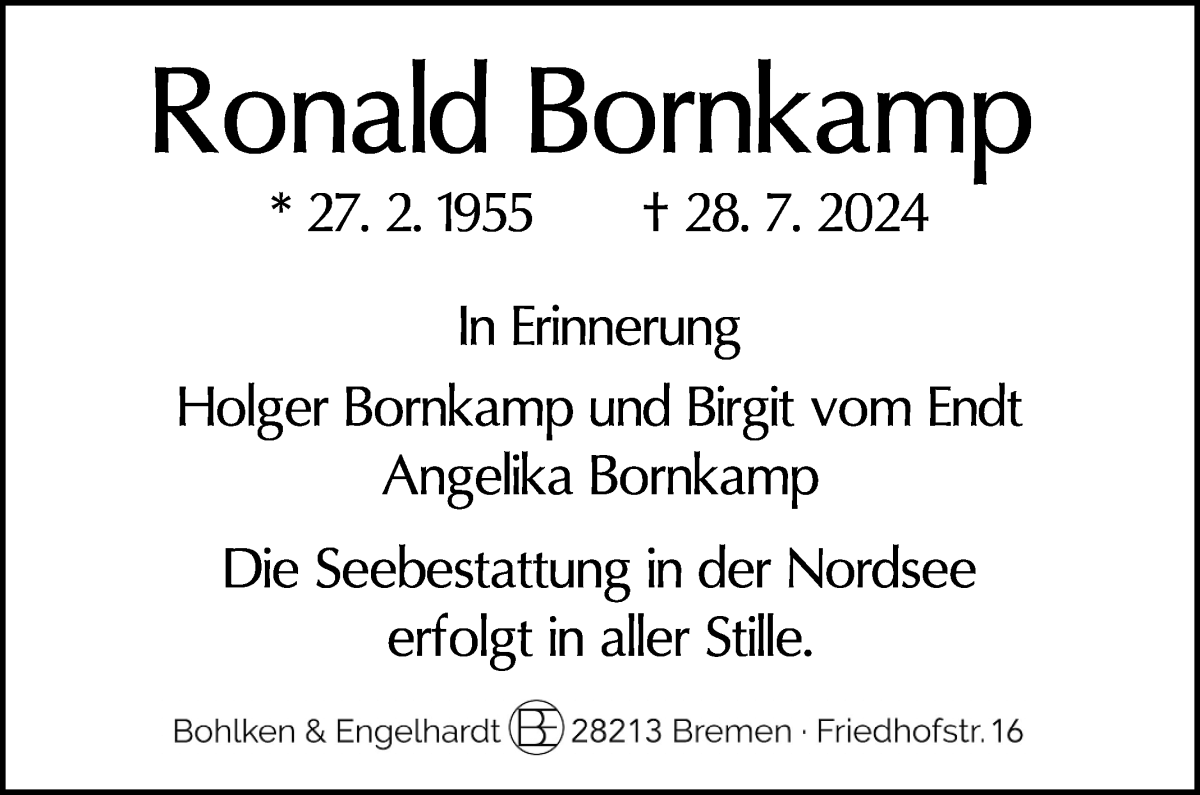 Traueranzeige von Ronald Bornkamp von WESER-KURIER