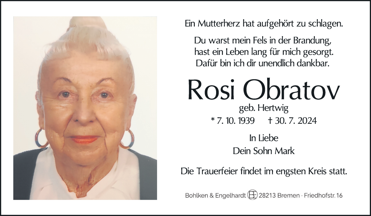 Traueranzeige von Rosi Obratov von WESER-KURIER