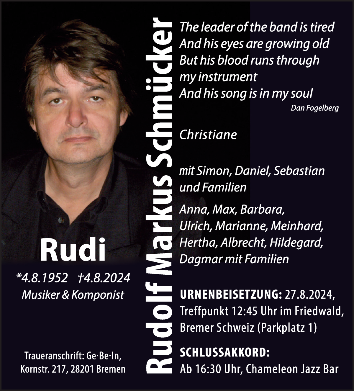 Traueranzeige von Rudi Schmücker von WESER-KURIER
