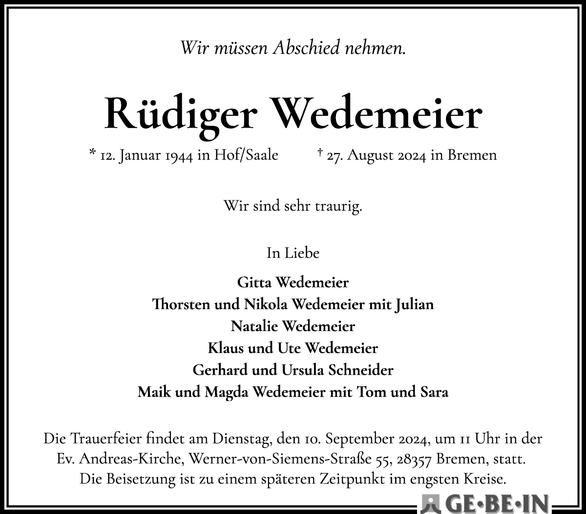 Traueranzeige von Rüdiger Wedemeier von WESER-KURIER