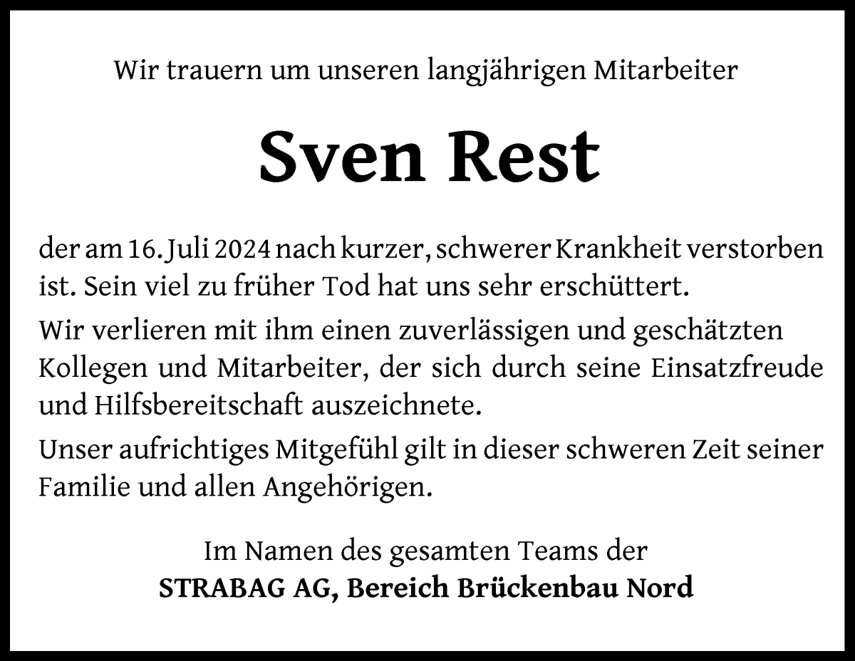 Traueranzeige von Sven Rest von WESER-KURIER