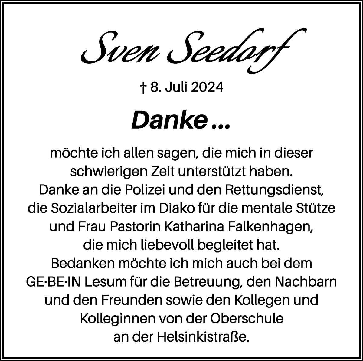Traueranzeige von Sven Seedorf von Die Norddeutsche