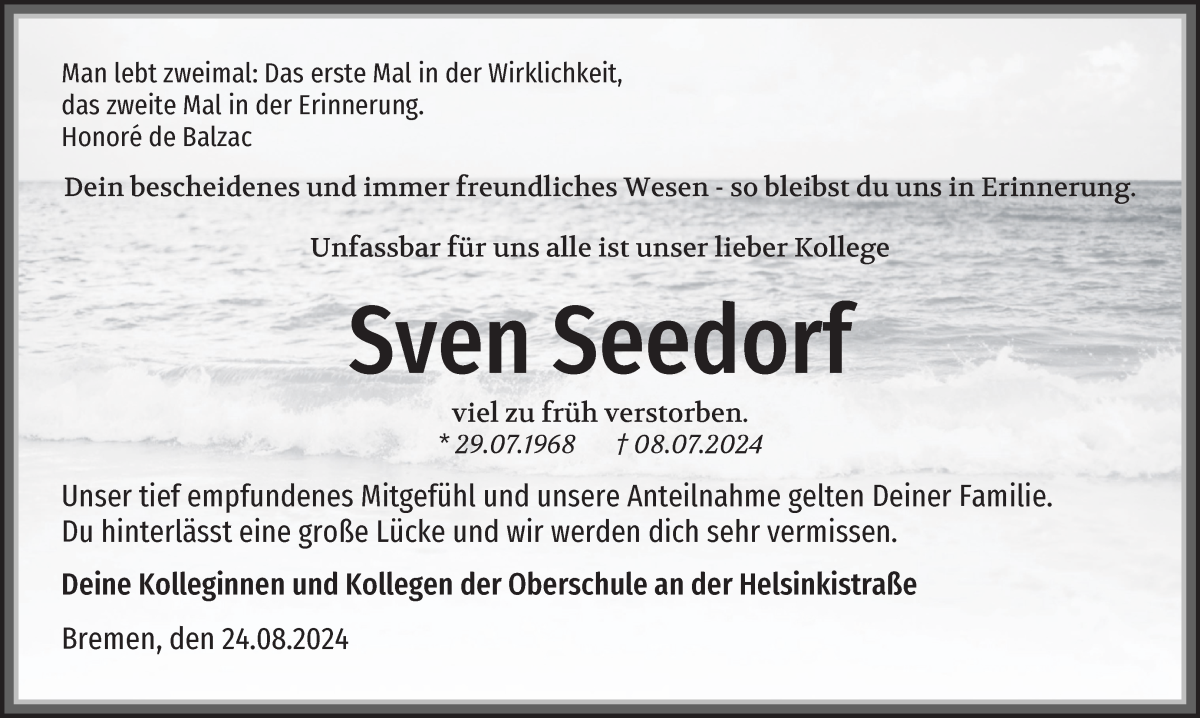 Traueranzeige von Sven Seedorf von Die Norddeutsche