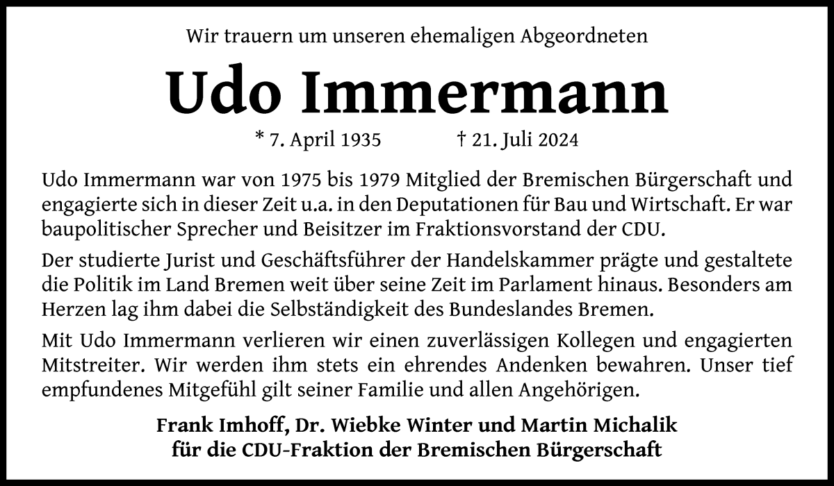 Traueranzeige von Udo Immermann von WESER-KURIER