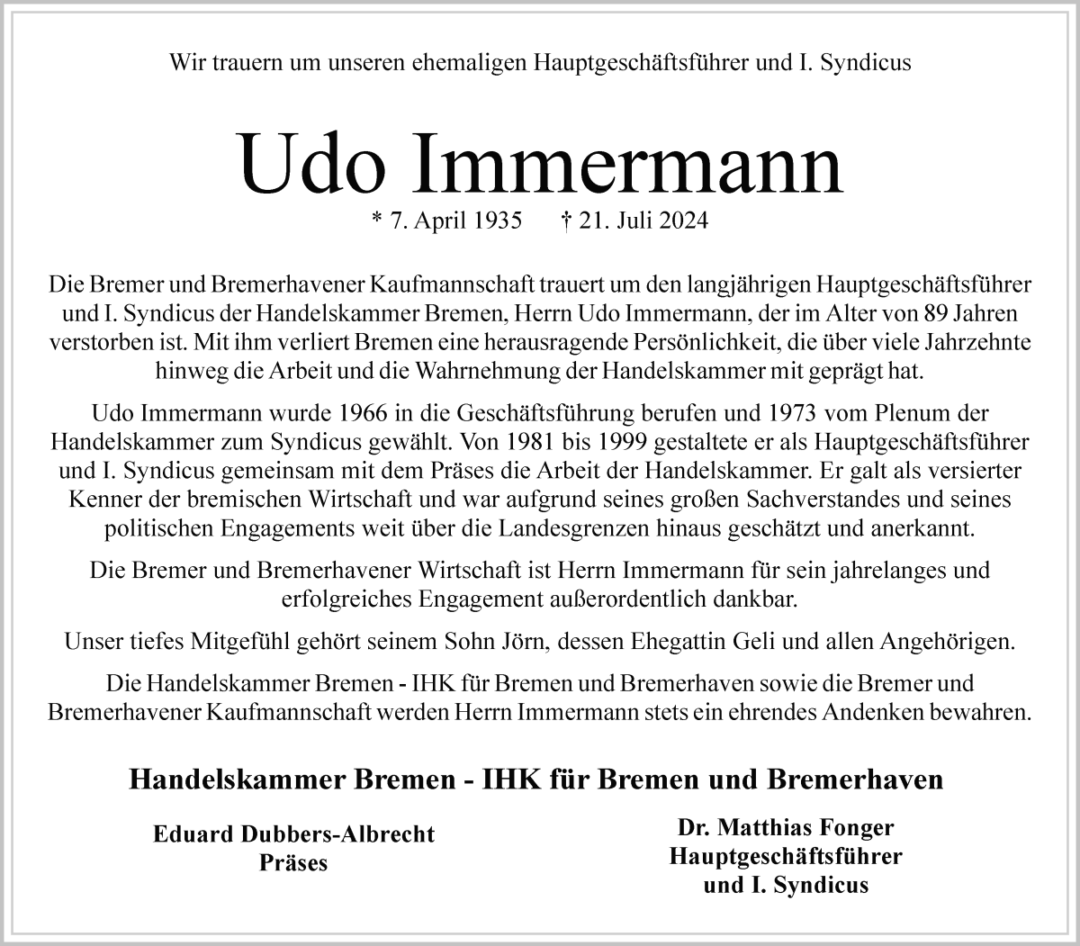 Traueranzeige von Udo Immermann von WESER-KURIER