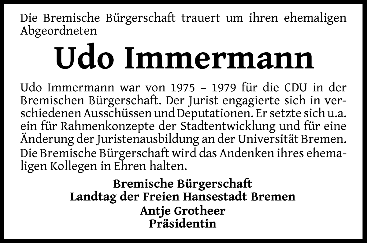 Traueranzeige von Udo Immermann von WESER-KURIER