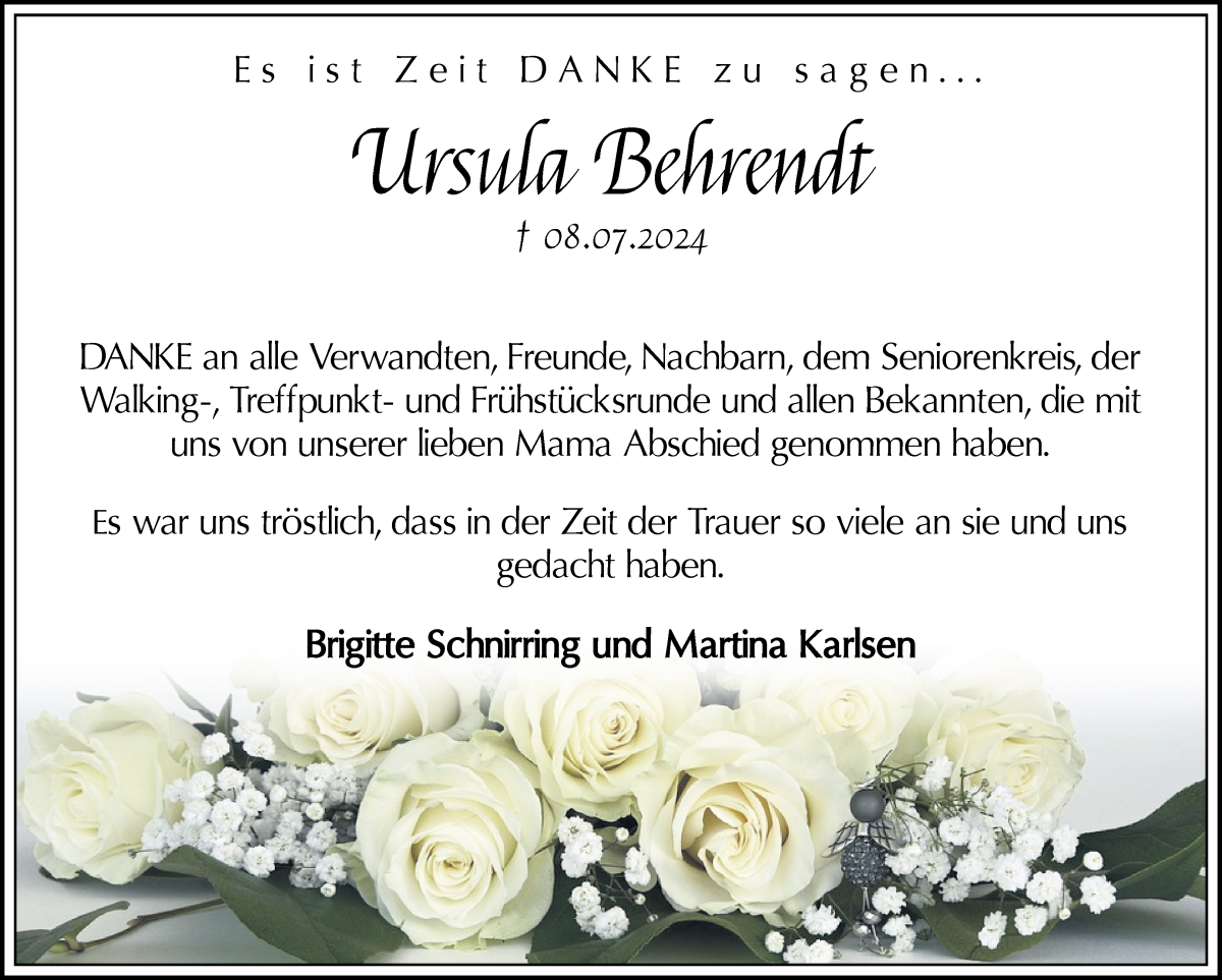 Traueranzeige von Ursula Behrendt von Die Norddeutsche
