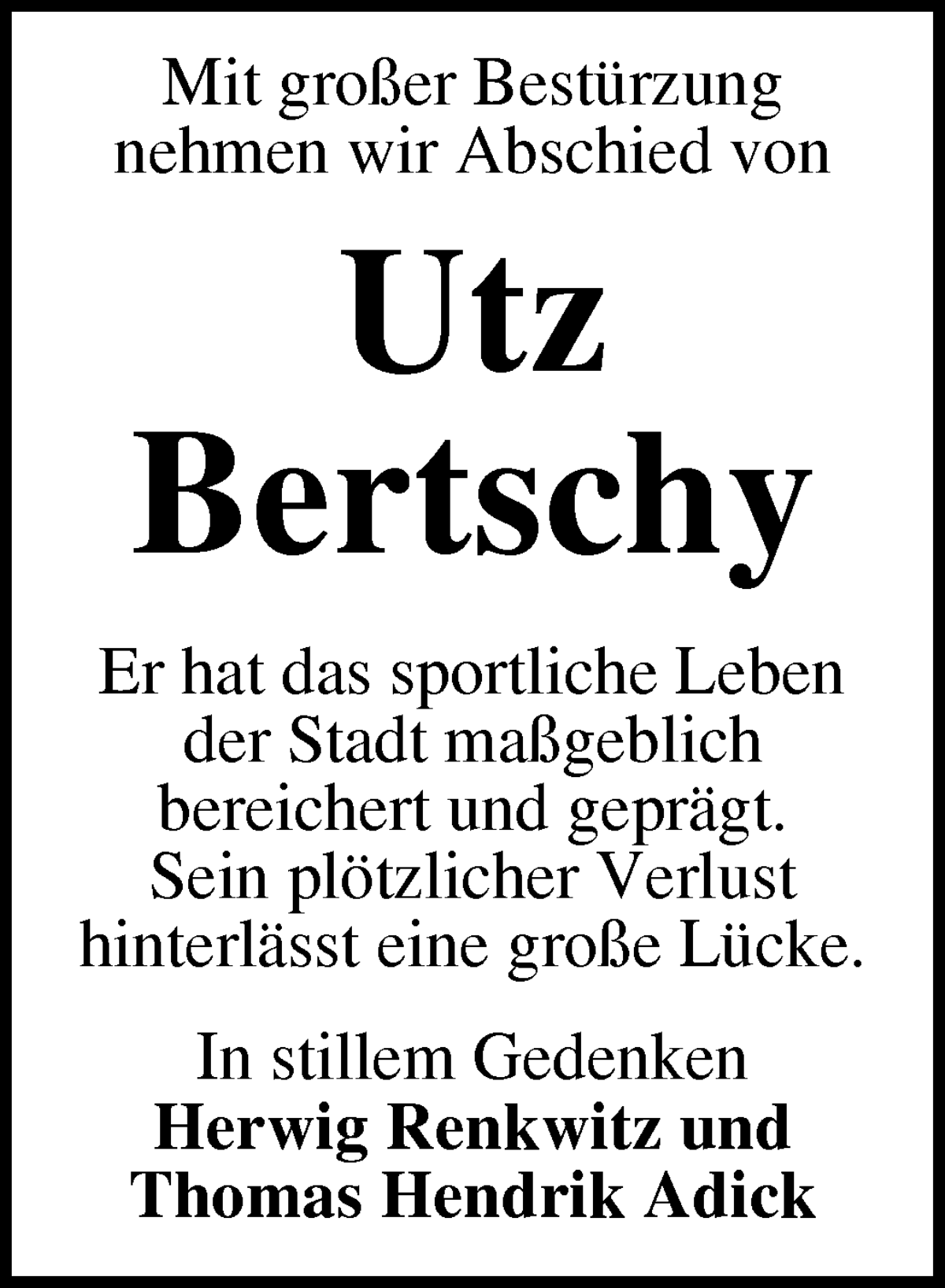 Traueranzeige von Utz Bertschy von WESER-KURIER
