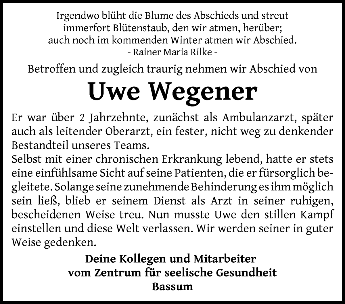 Traueranzeige von Uwe Wegener von WESER-KURIER