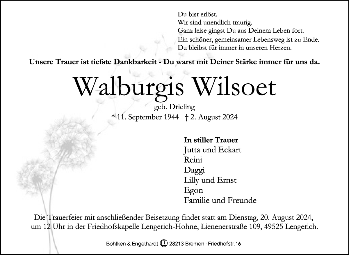 Traueranzeige von Walburgis Wilsoet von WESER-KURIER