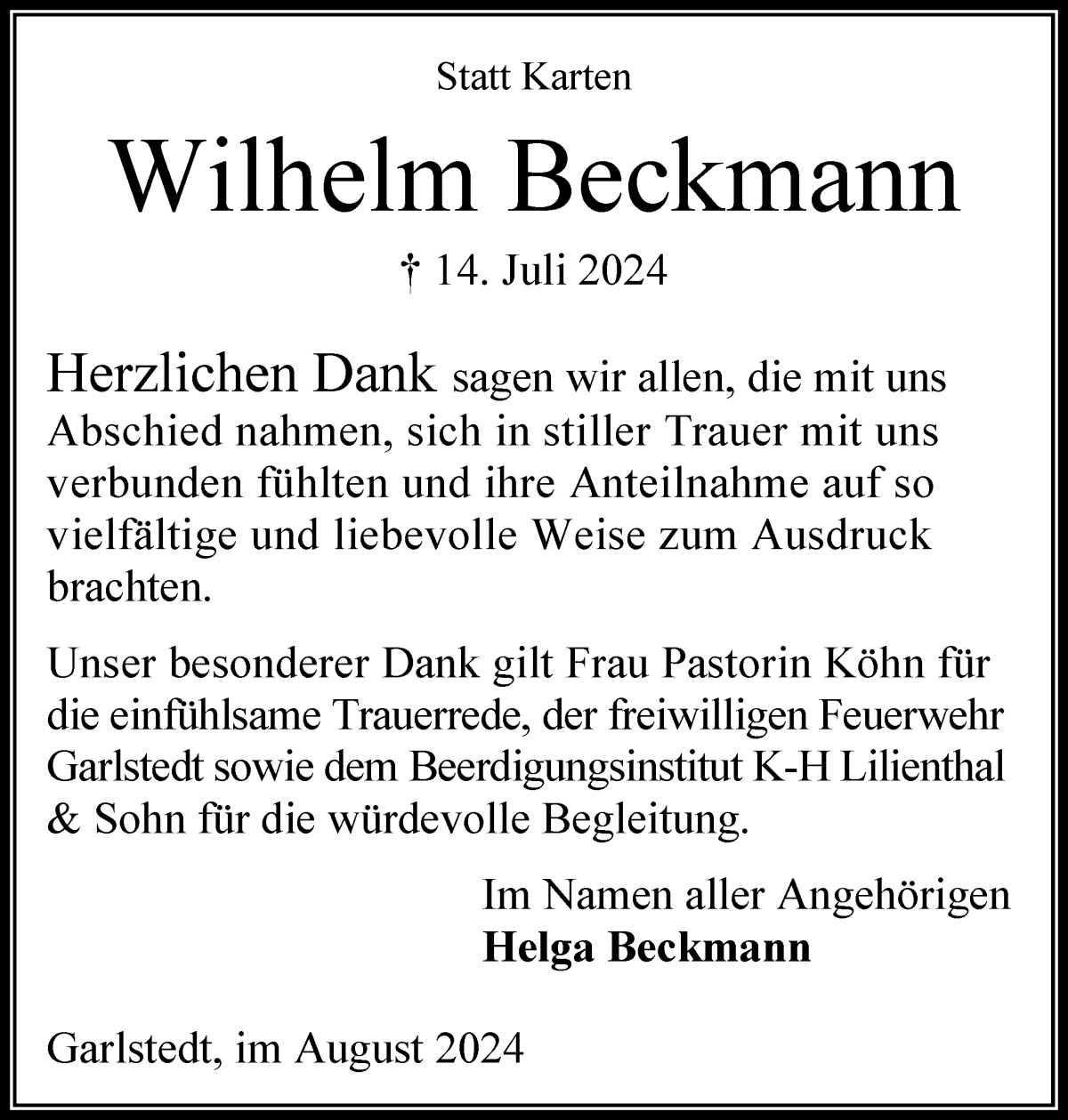 Traueranzeige von Wilhelm Beckmann von Osterholzer Kreisblatt