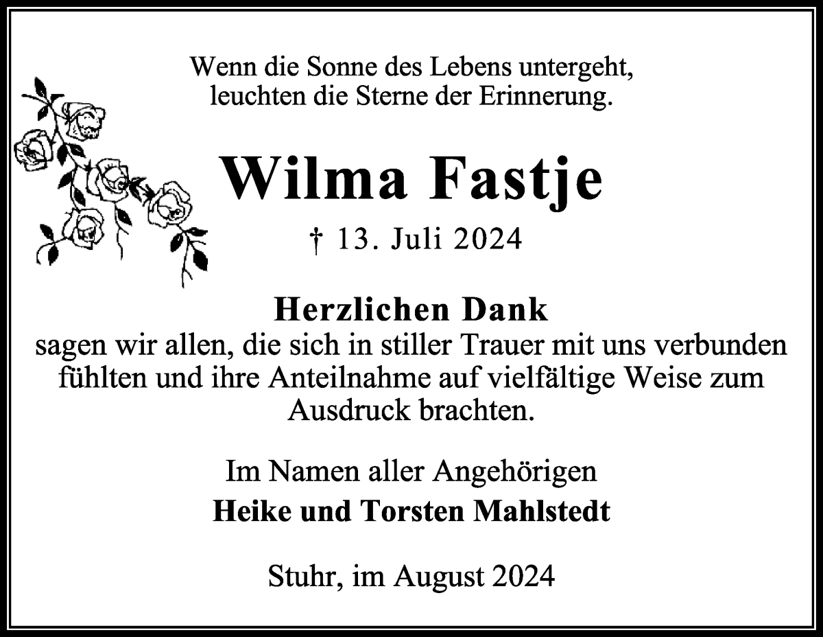 Traueranzeige von Wilma Fastje von Regionale Rundschau/Syker Kurier