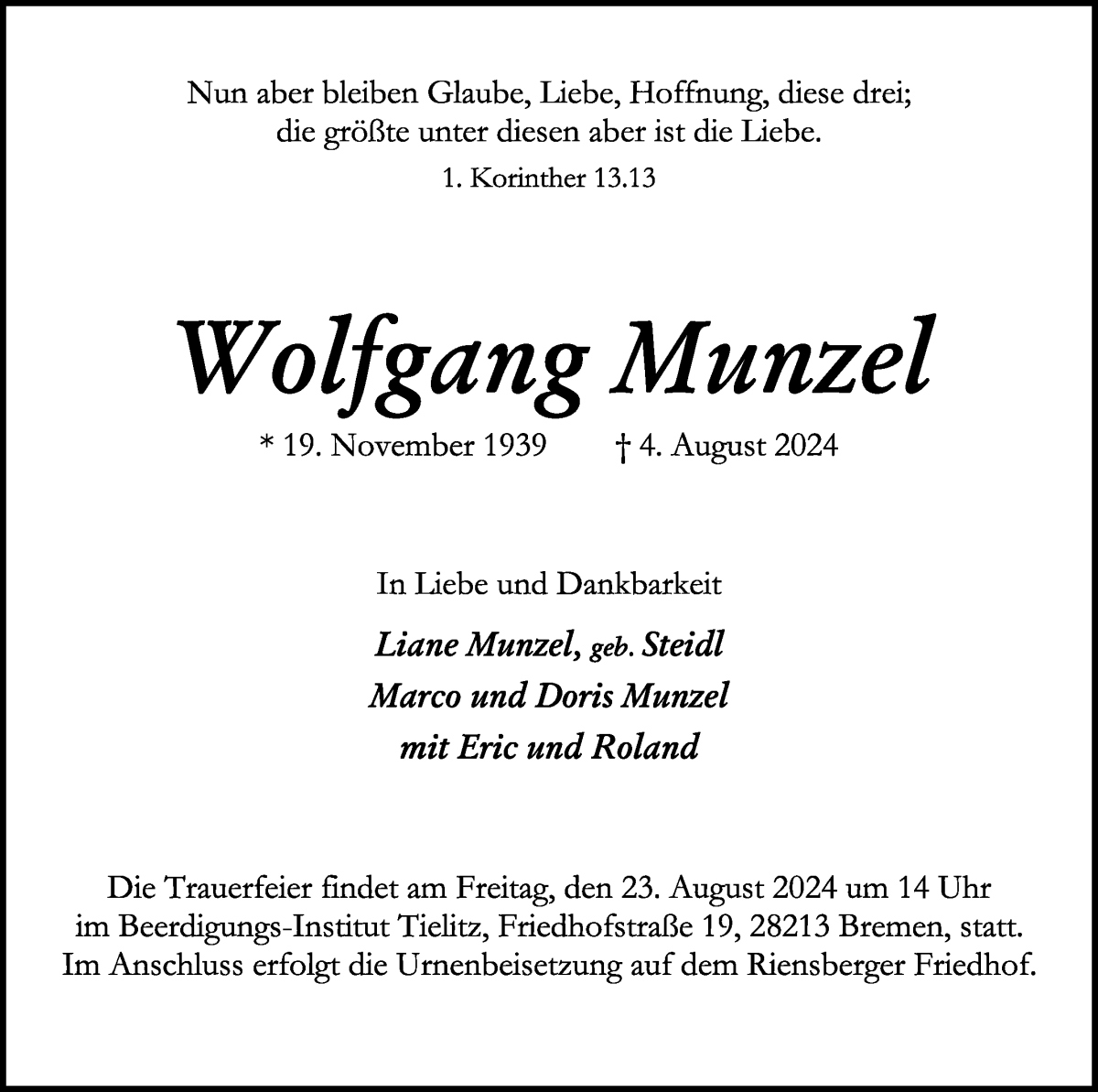 Traueranzeige von Wolfagng Munzel von WESER-KURIER
