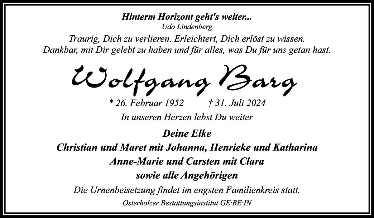 Traueranzeige von Wolfgang Barg von WESER-KURIER