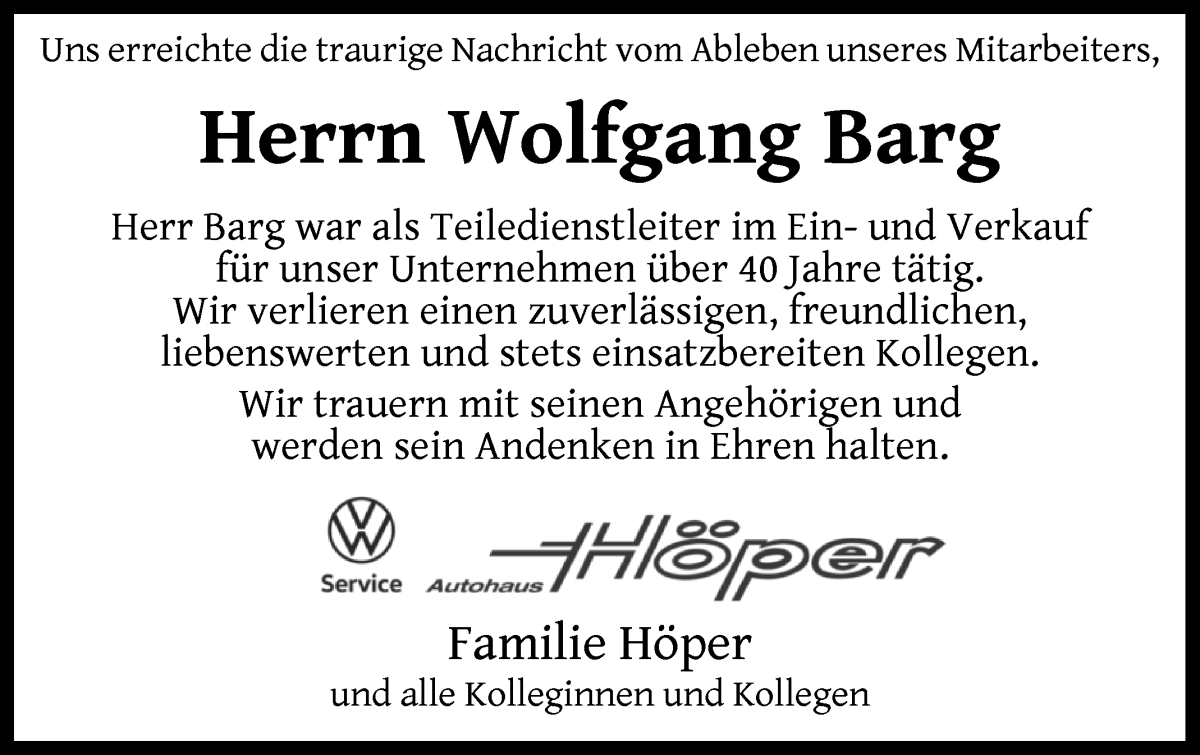Traueranzeige von Wolfgang Barg von WESER-KURIER