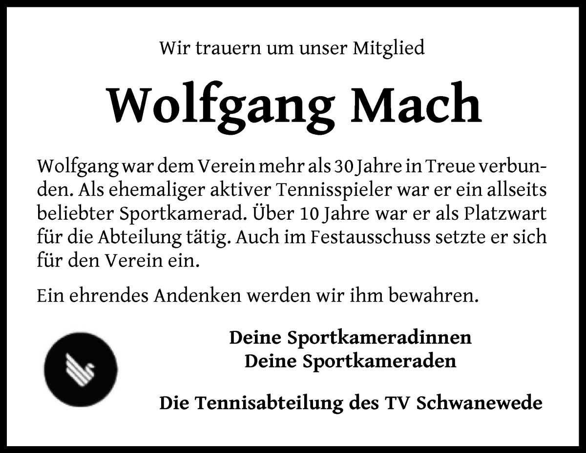 Traueranzeige von Wolfgang Mach von Die Norddeutsche