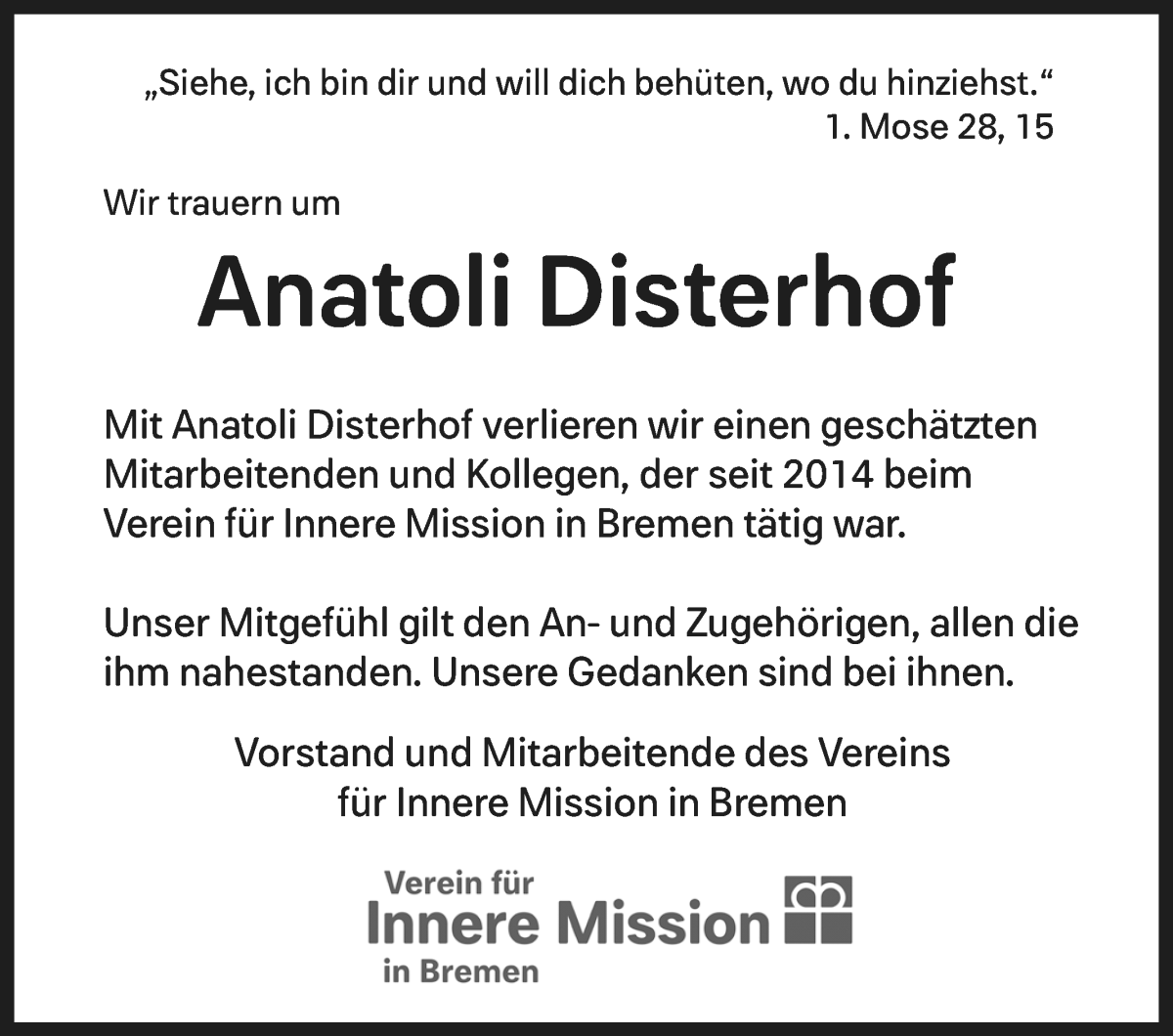 Traueranzeige von Anatoli Disterhof von WESER-KURIER