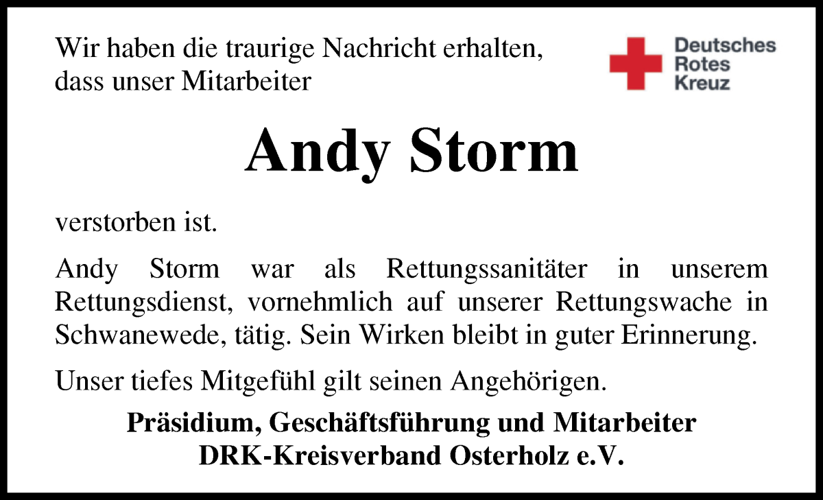 Traueranzeige von Andy Storm von Osterholzer Kreisblatt