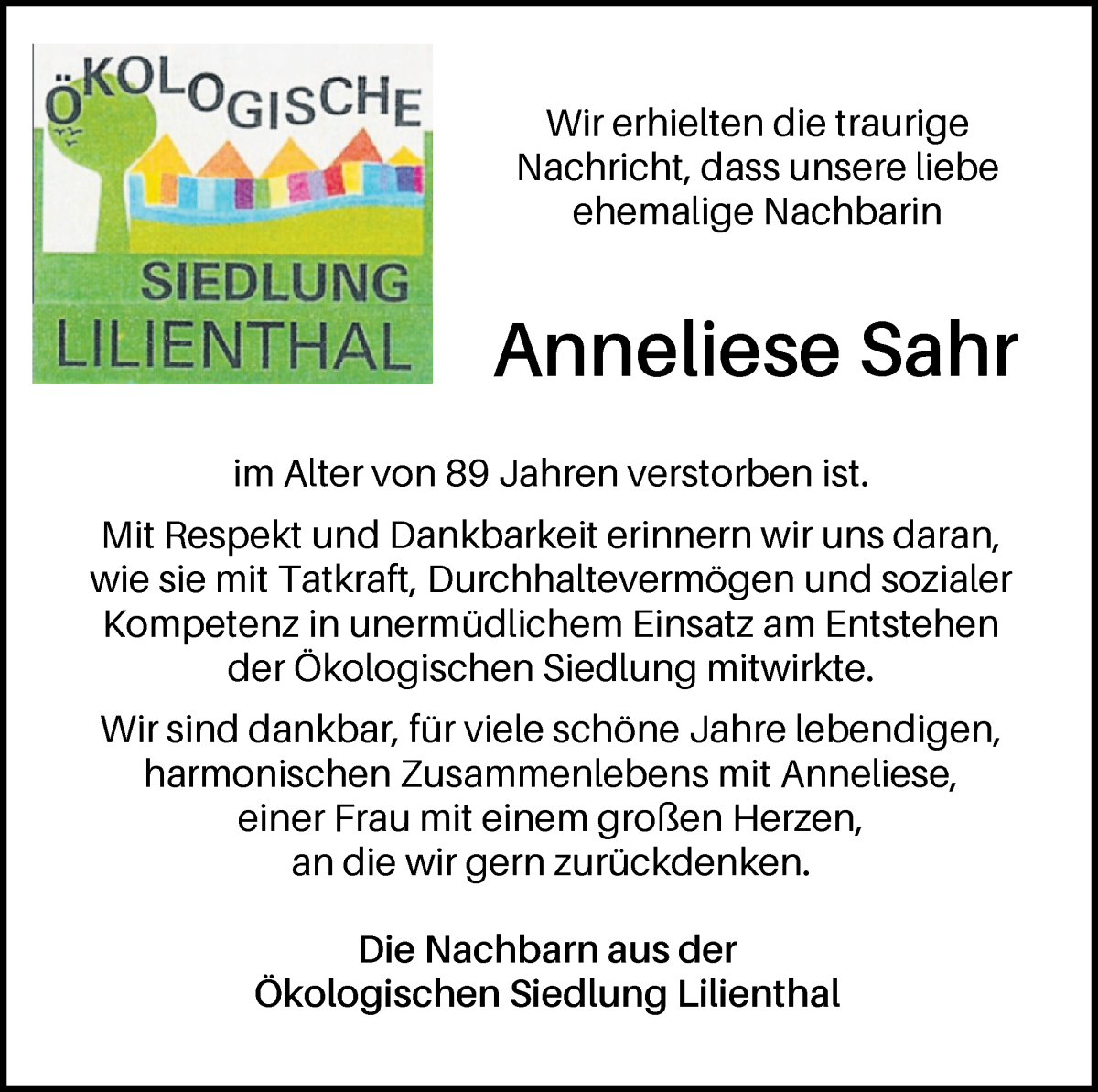 Traueranzeige von Anneliese Sahr von Wuemme Zeitung