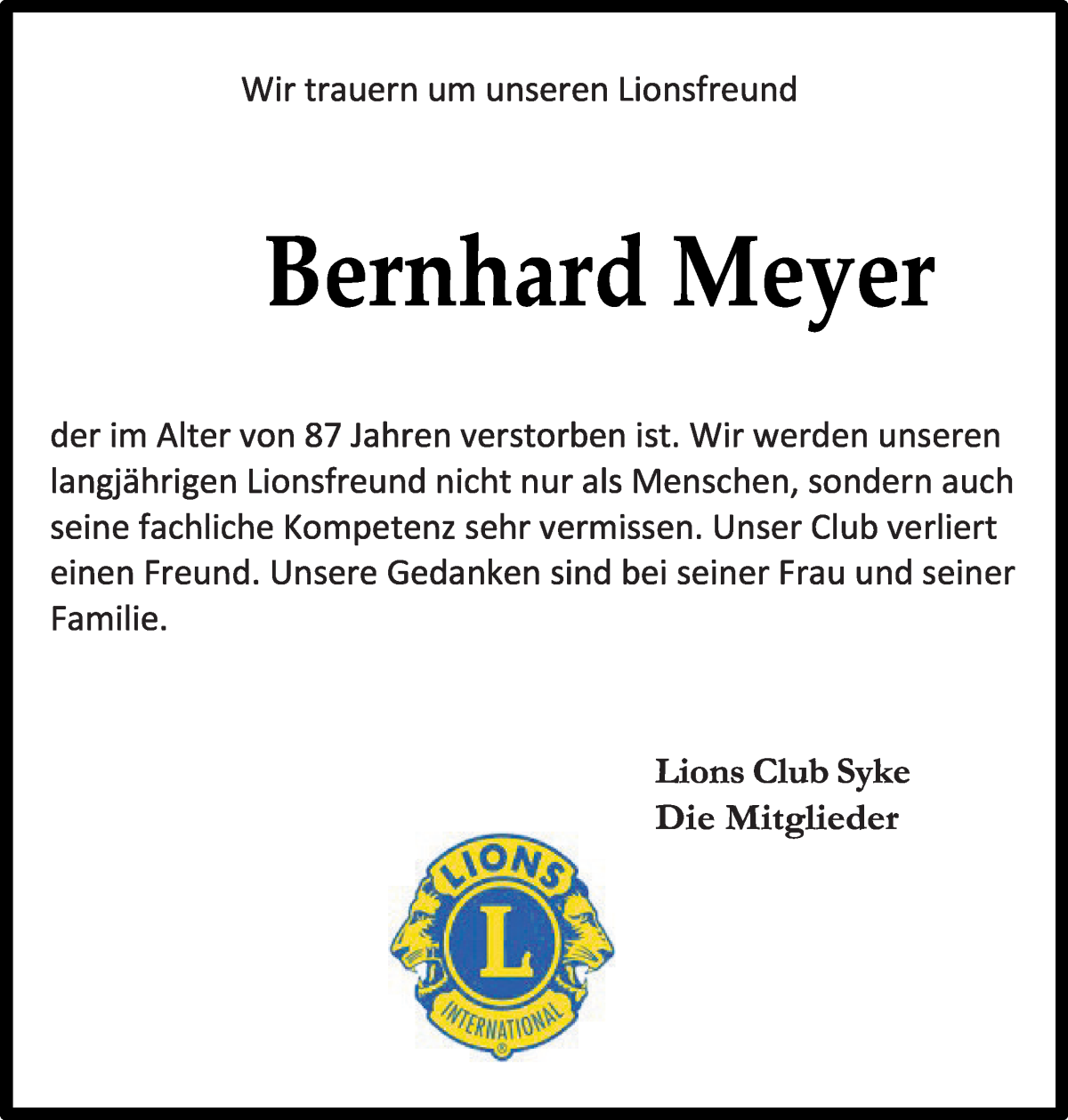 Traueranzeige von Bernhard Meyer von Regionale Rundschau/Syker Kurier