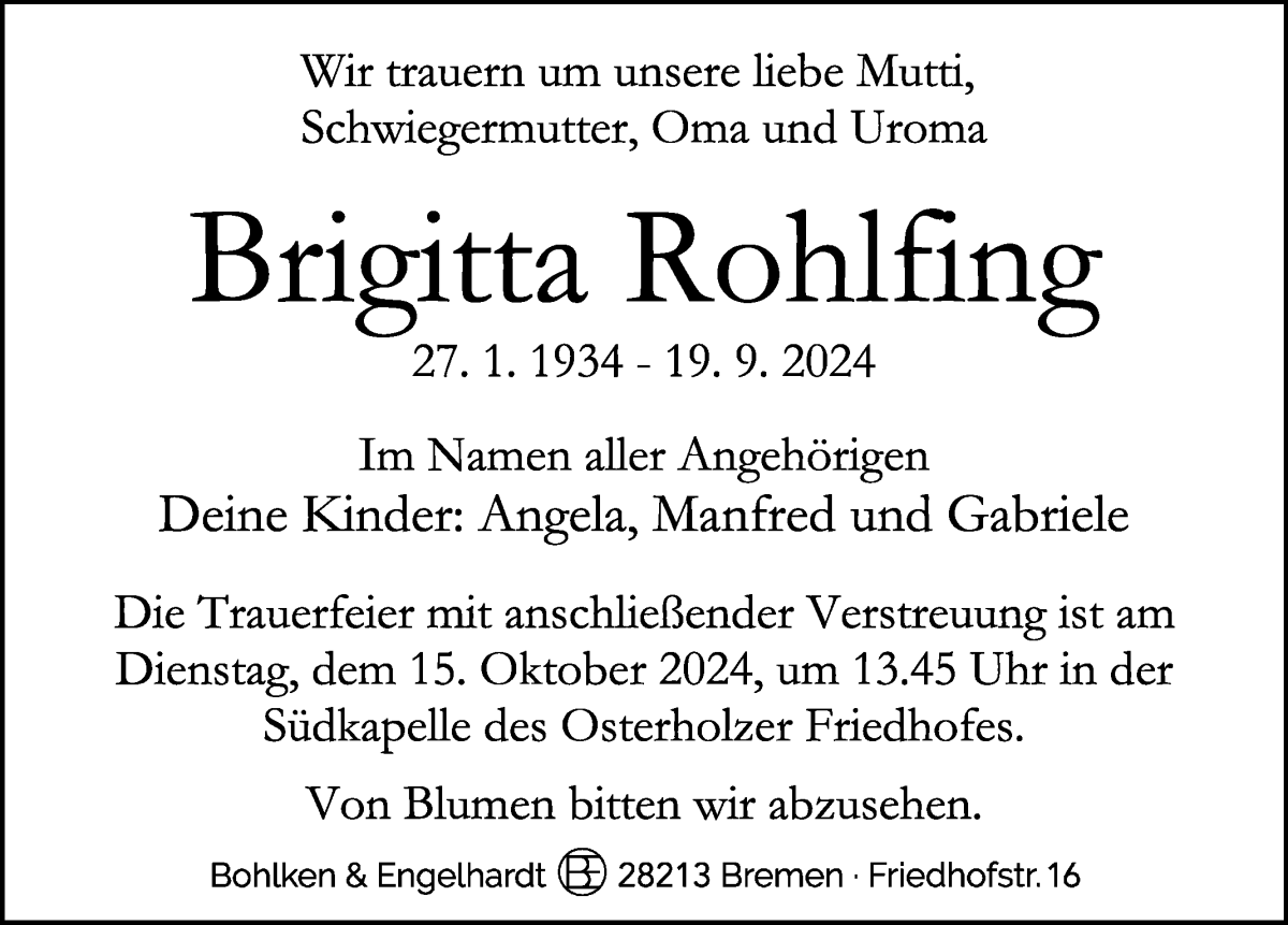 Traueranzeige von Brigitta Rohlfing von WESER-KURIER