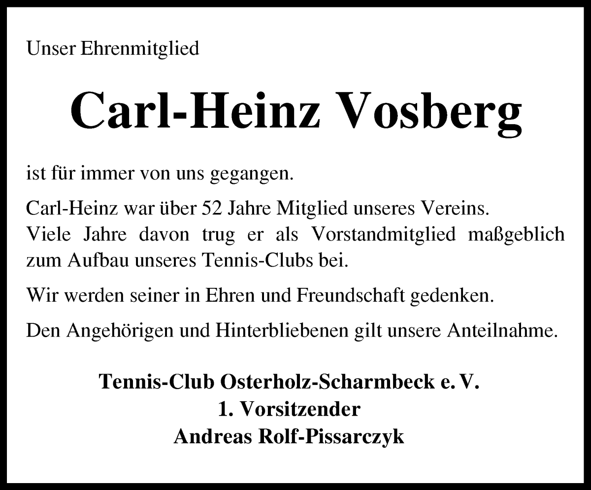 Traueranzeige von Carl-Heinz Vosberg von Osterholzer Kreisblatt